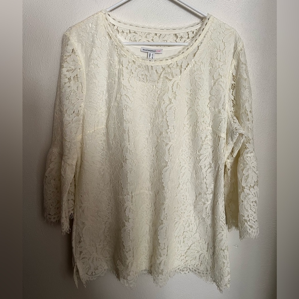 ISAAC MIZRAHI Classic Feminine Lace Blouse‎ with Bell Sleeves Cream Women's Sz L